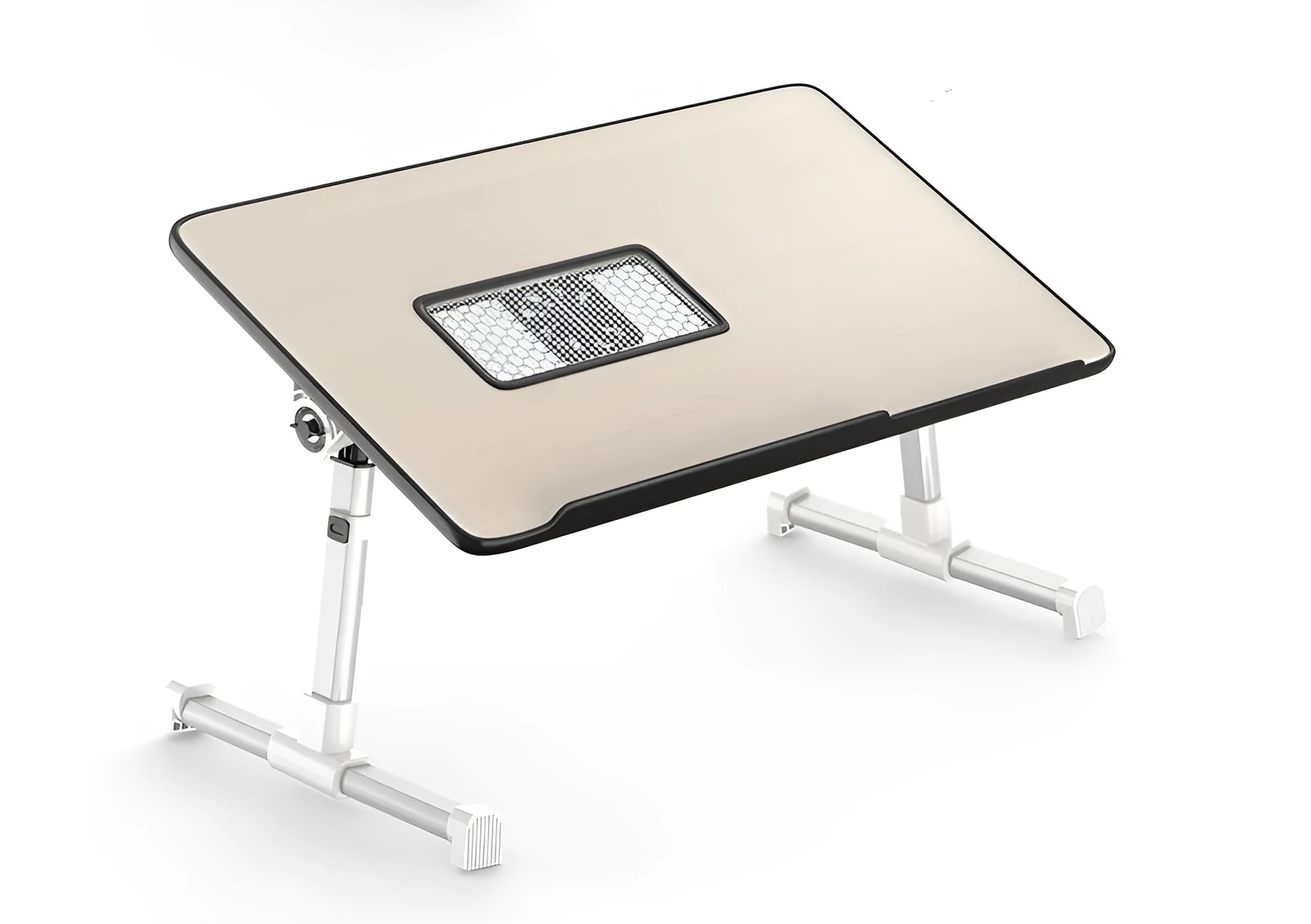 Adjustable laptop desk stand with wood-based panel, folded flat on a surface, 52x30 cm black colour