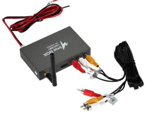 Black car mirror link box with power cable, AV cable, antenna, and user manual.