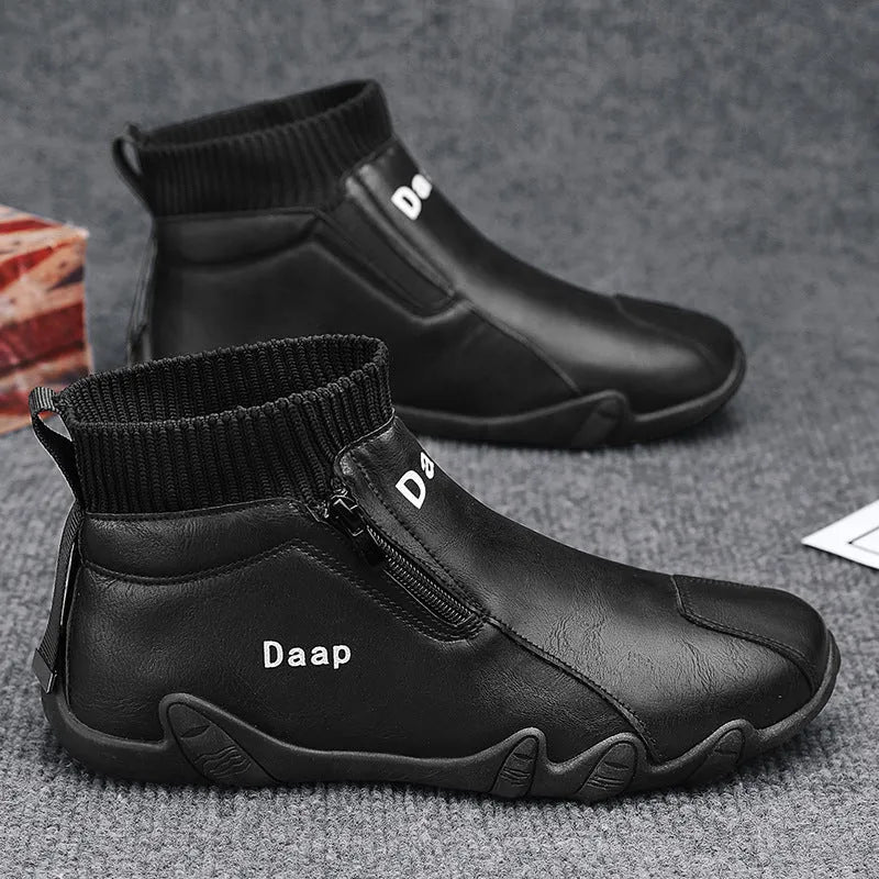 Men's fashion casual Martin boots with side zipper, artificial PU upper, flat heel, available in beige black and brown