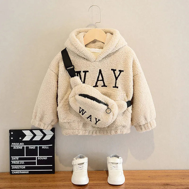 Children's hooded fleece jacket with cartoon design in beige, green, or orange colours