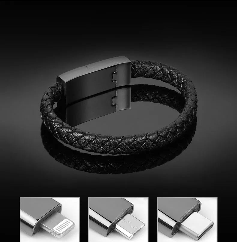Brown double line bracelet-style charging cable with Mini USB to Micro USB connector.