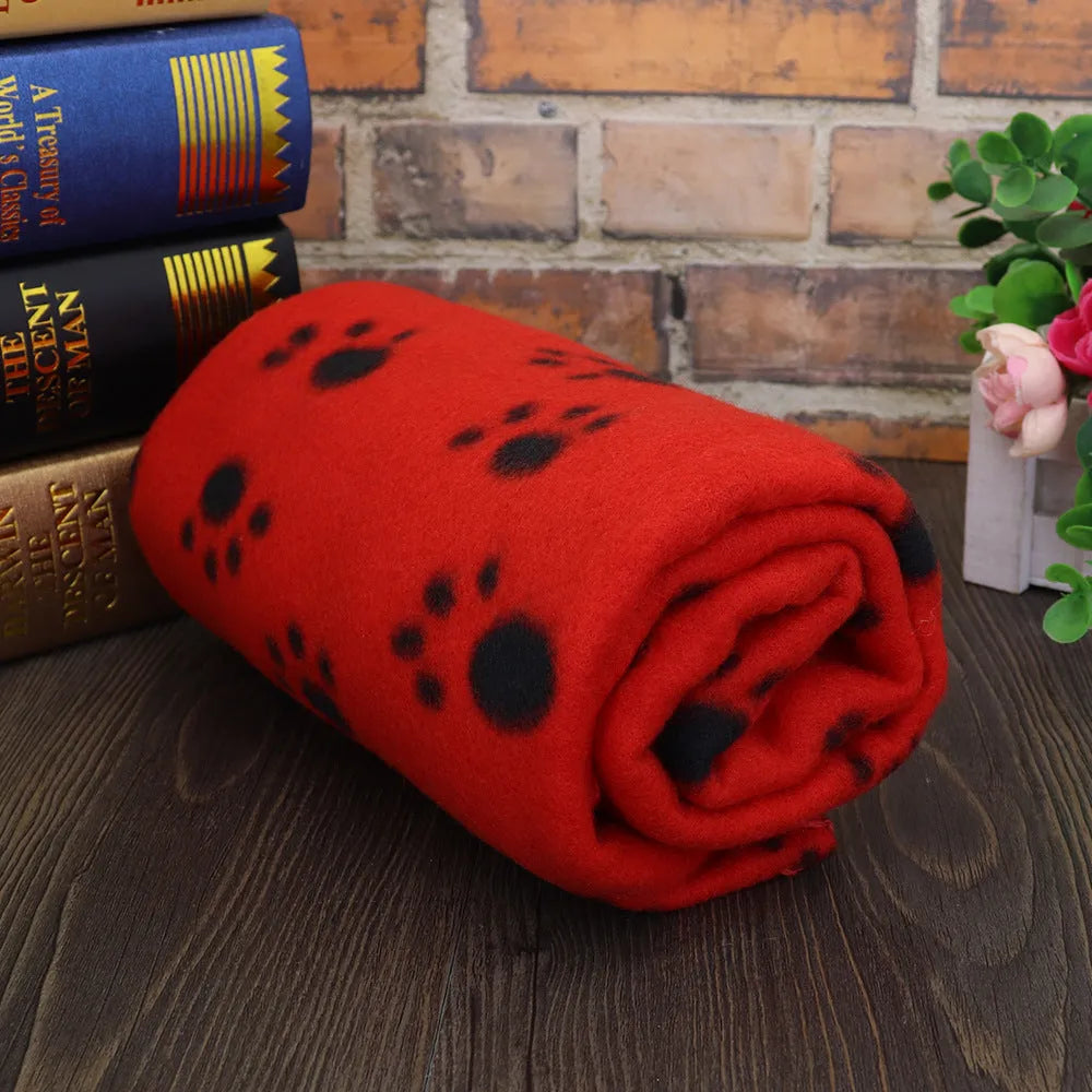 Double-sided fleece pet warm blanket with paw print pattern in blue, size 100x70cm