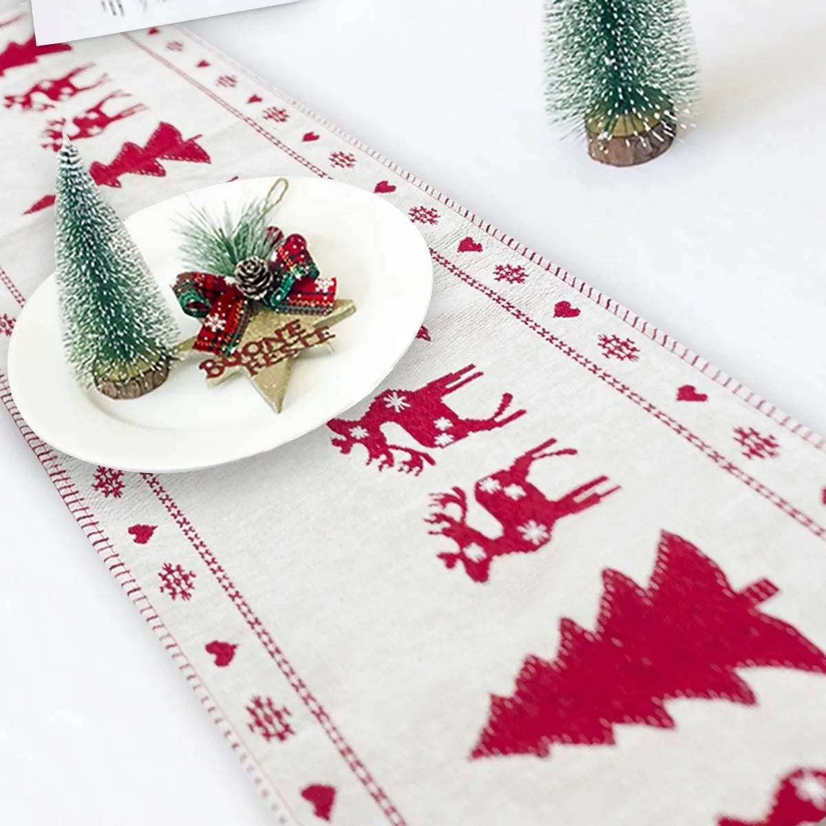 Christmas table runner with elk and snowman designs in cotton linen fabric