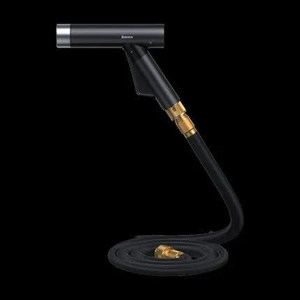 High-pressure aluminium alloy car wash water gun with telescopic nozzle connected to an explosion-proof TPE hose outdoors