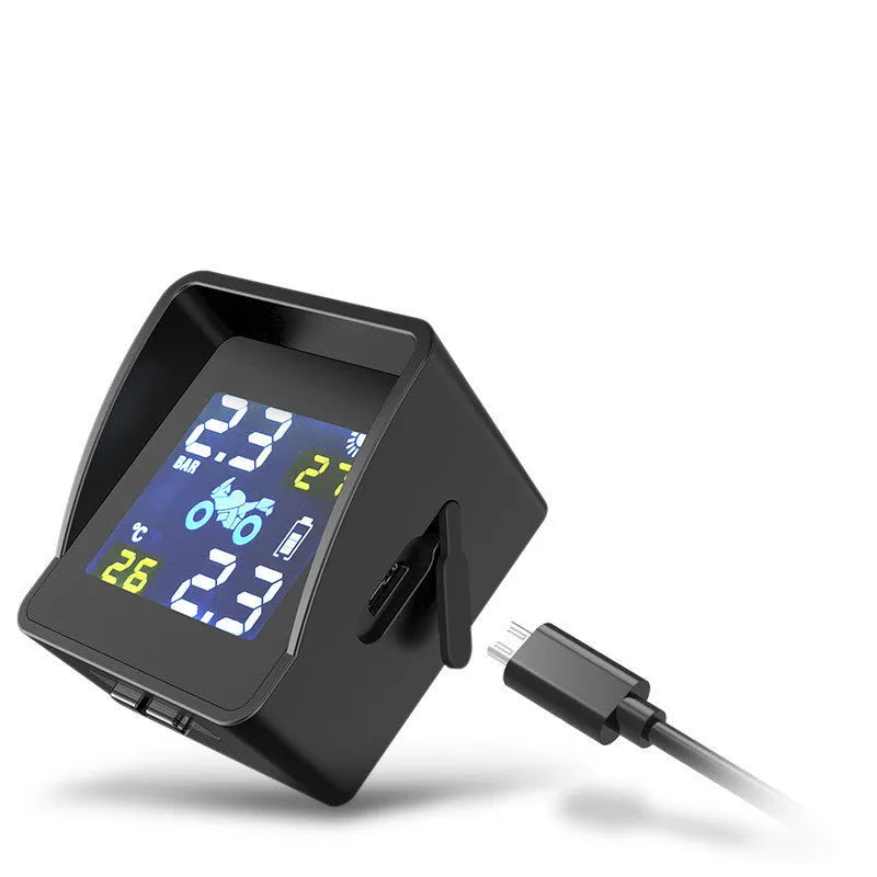 Solar digital tyre pressure monitor for motorcycles, PC material, black, with digital display