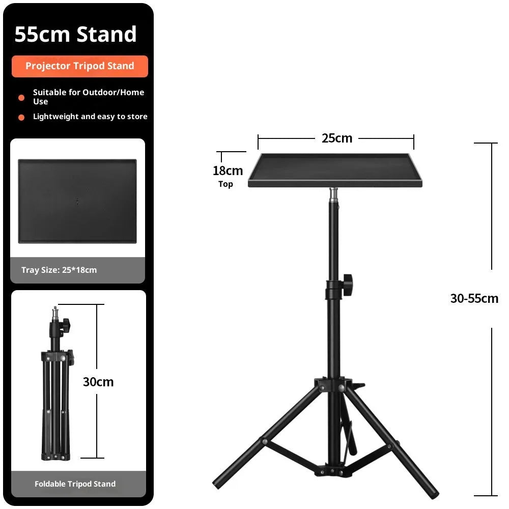T01 projector floor stand with metal bracket and plastic tray on tripod legs, adjustable height 55cm 120cm 160cm