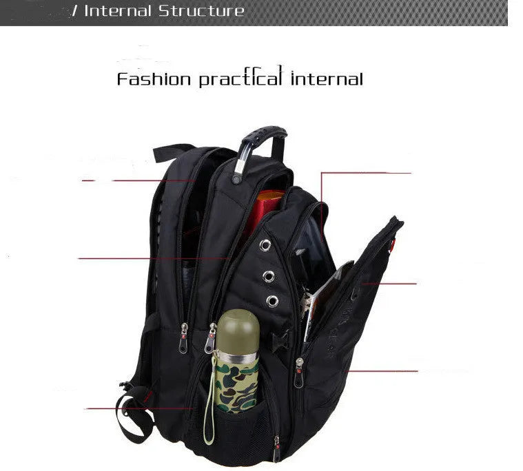 Black polyester travel outdoor backpack with waterproof breathable fabric, hard handle, shoulder pad and metal element