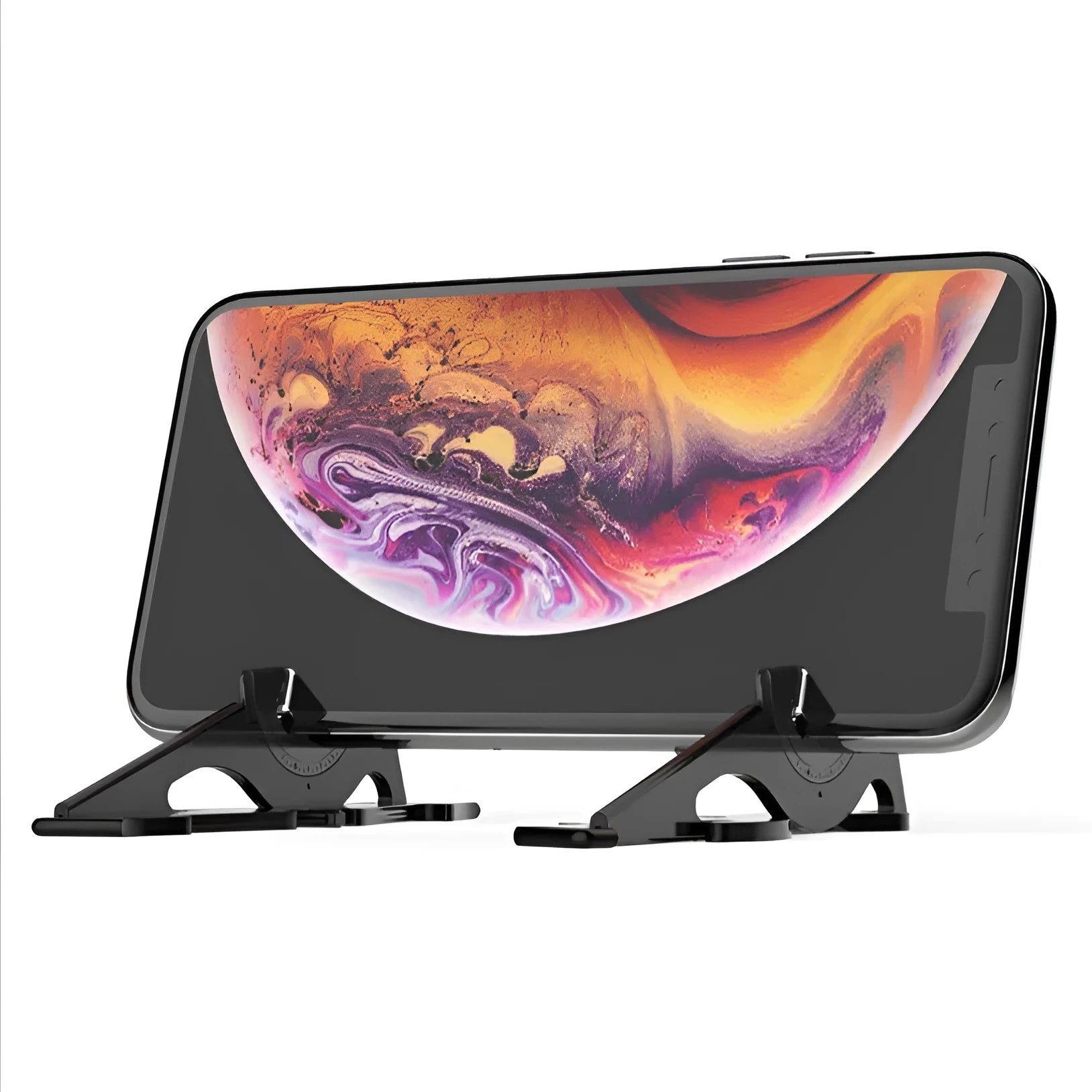 A black plastic card-type mobile phone holder standing upright on a wooden desk.