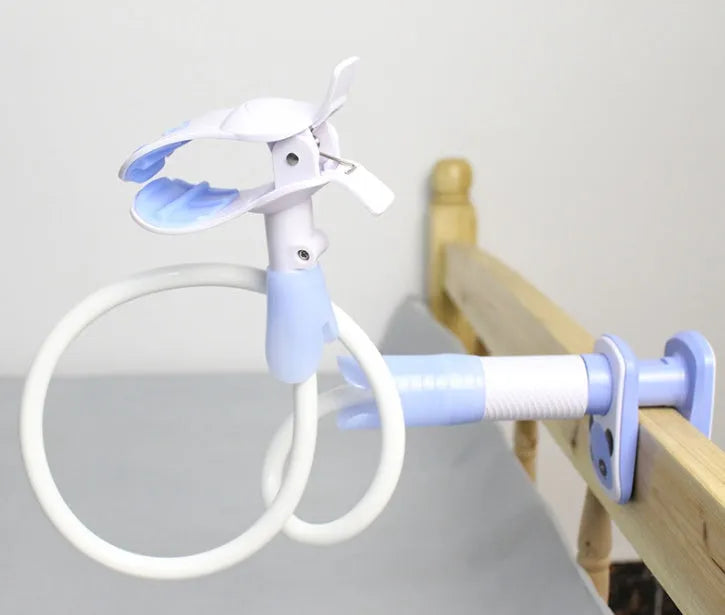 Extended 1.05 metre breastfeeding bracket in blue colour with universal bottle attachment for hands-free feeding support