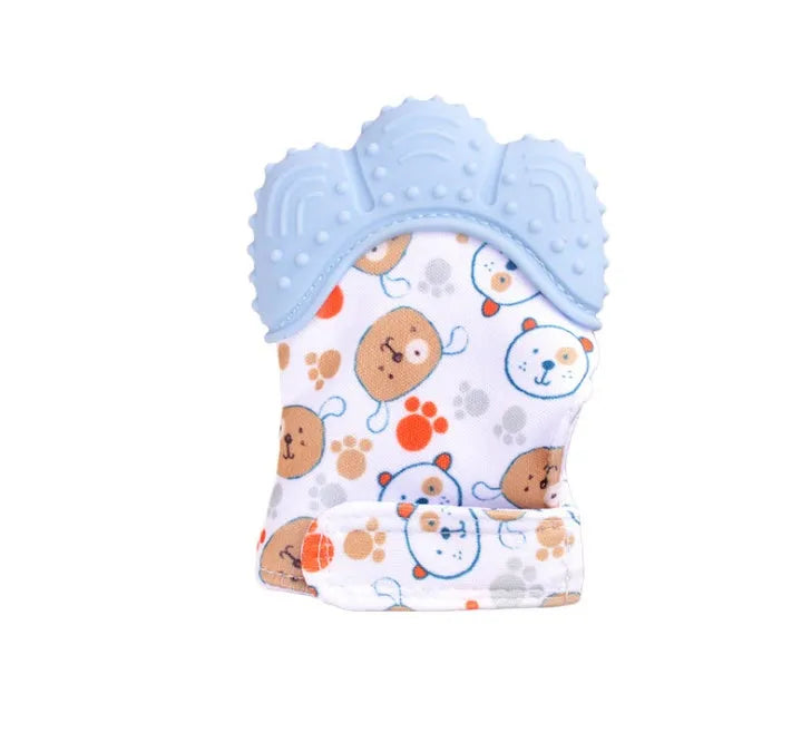 Baby silicone teething glove with Velcro strap in a smiley face yellow design.
