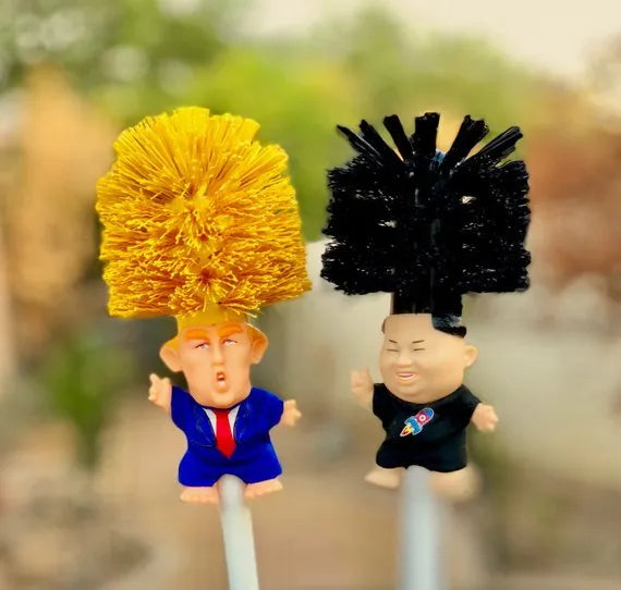 Yellow plastic Donald Trump novelty toilet brush with hanging slot, 40cm length