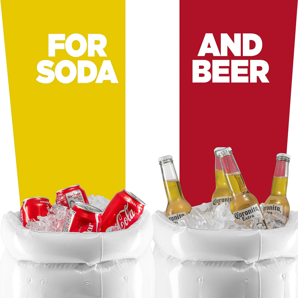Large yellow inflatable beer mug cooler floating in pool with drinks
