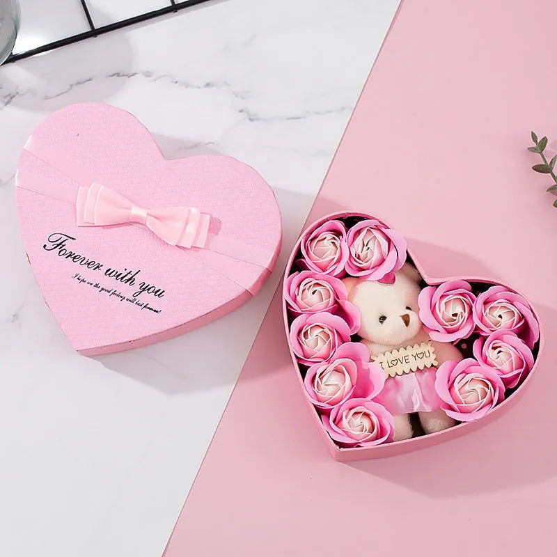 Red heart-shaped gift box containing natural soap roses for Valentine's Day or Mother's Day gifts