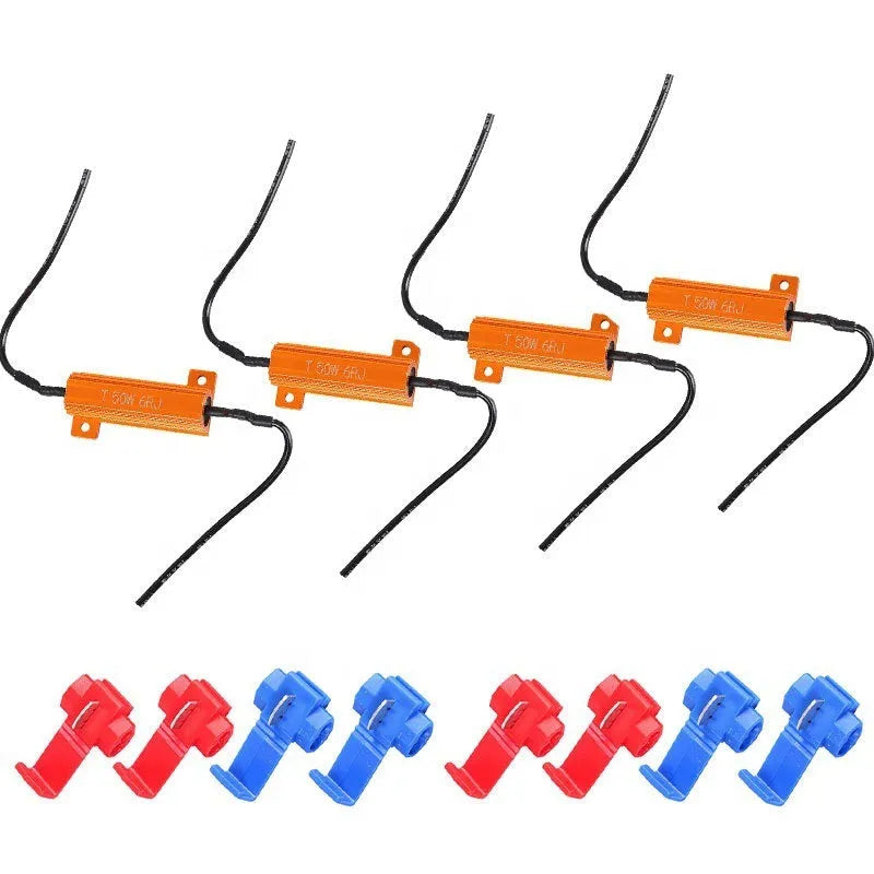 Gold-coloured 50W LED decoder kit with aluminium case, two metal decoders, and four electrical connection clips.