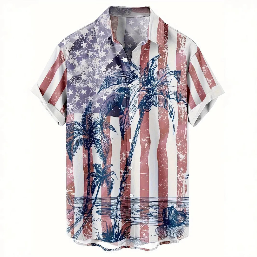 Men's floral print short sleeve shirt with loose cardigan style in polyester elastic fabric