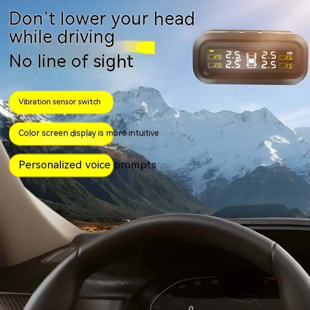 Wireless car tyre pressure monitor with colour screen display and solar panel
