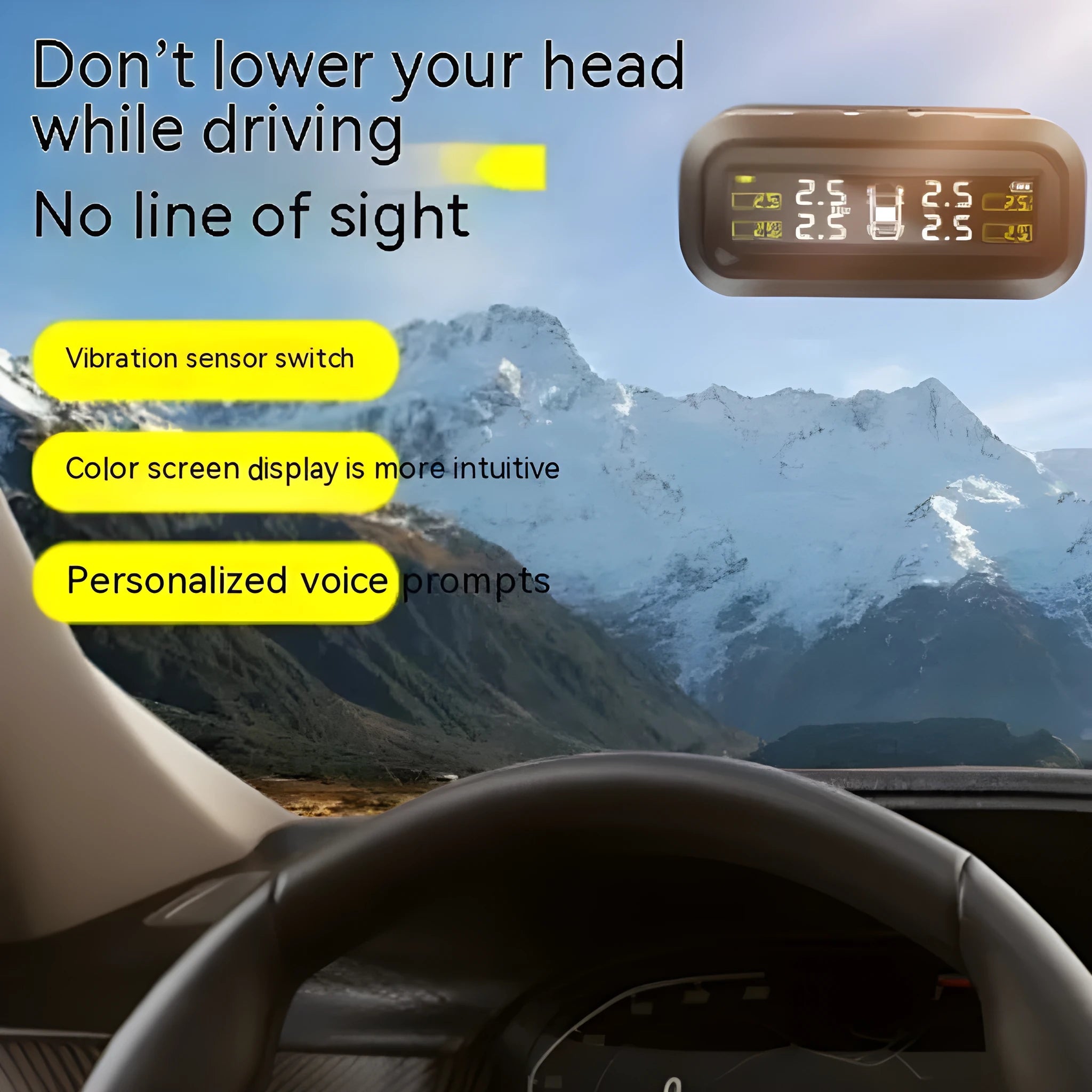 Wireless car tyre pressure monitor with colour screen display and solar panel