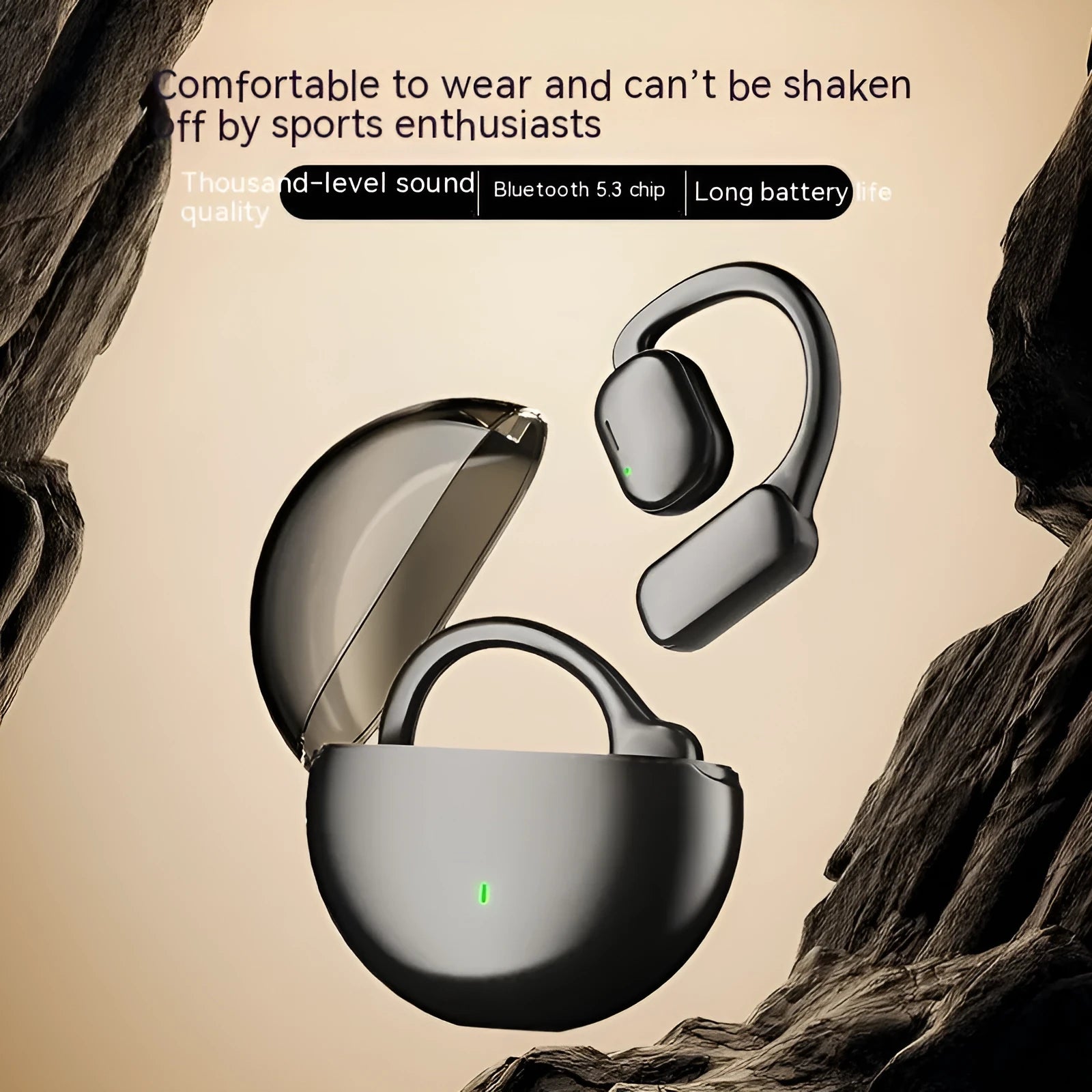 Black wireless Bluetooth headset with noise reduction and breathing light, ABS construction, for sports use