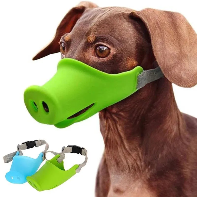 Blue silicone dog anti-bite mouth cover shown on long-mouthed breed with size dimensions displayed
