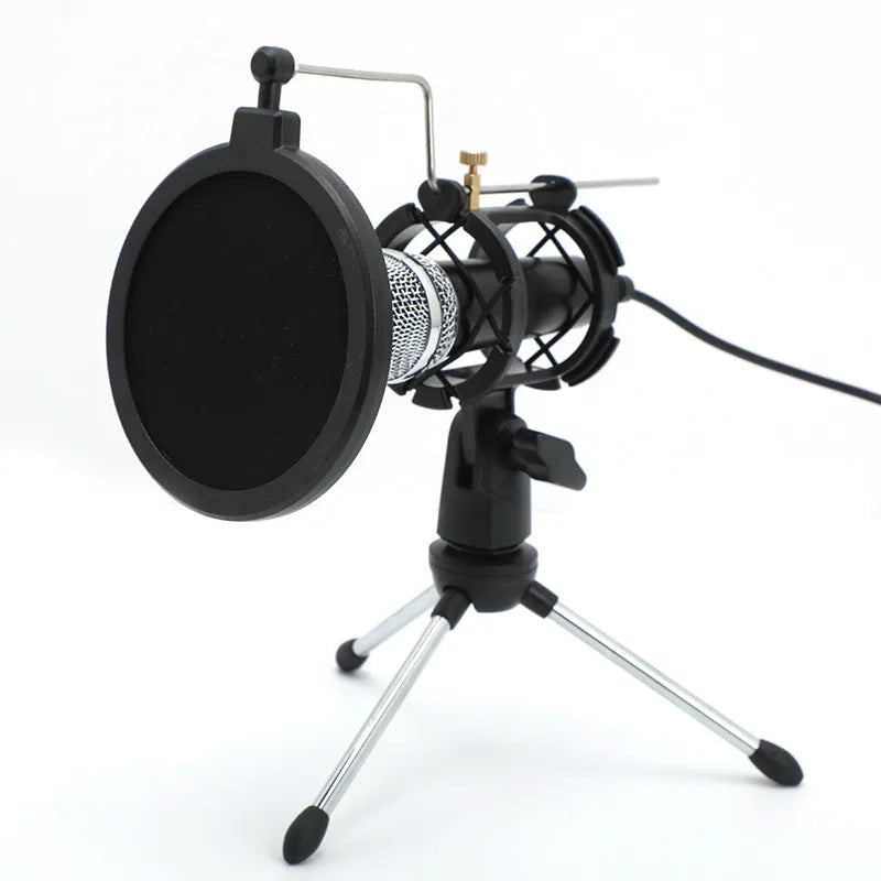 Black mini condenser microphone with aluminium stand and USB/3.5mm cables for live streaming
