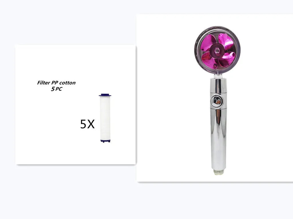 Blue handheld shower head with stop button and turbo nozzle on a chrome bracket.