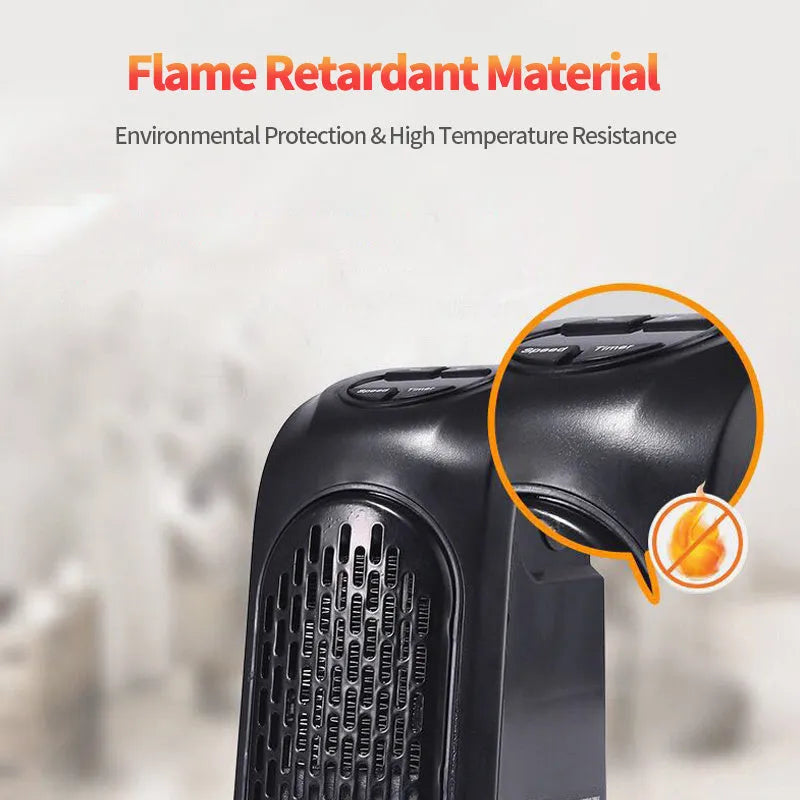 Small black ceramic fan heater with control buttons on top, showing plug and compact size.