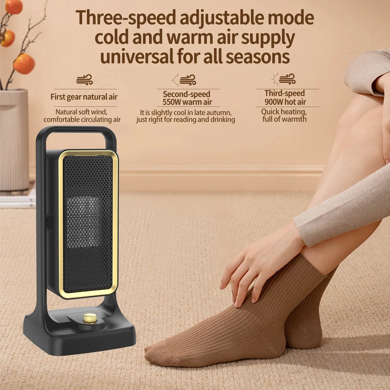Black desktop PTC ceramic air heater with control knob, measuring 14.9cm wide by 33.5cm high.