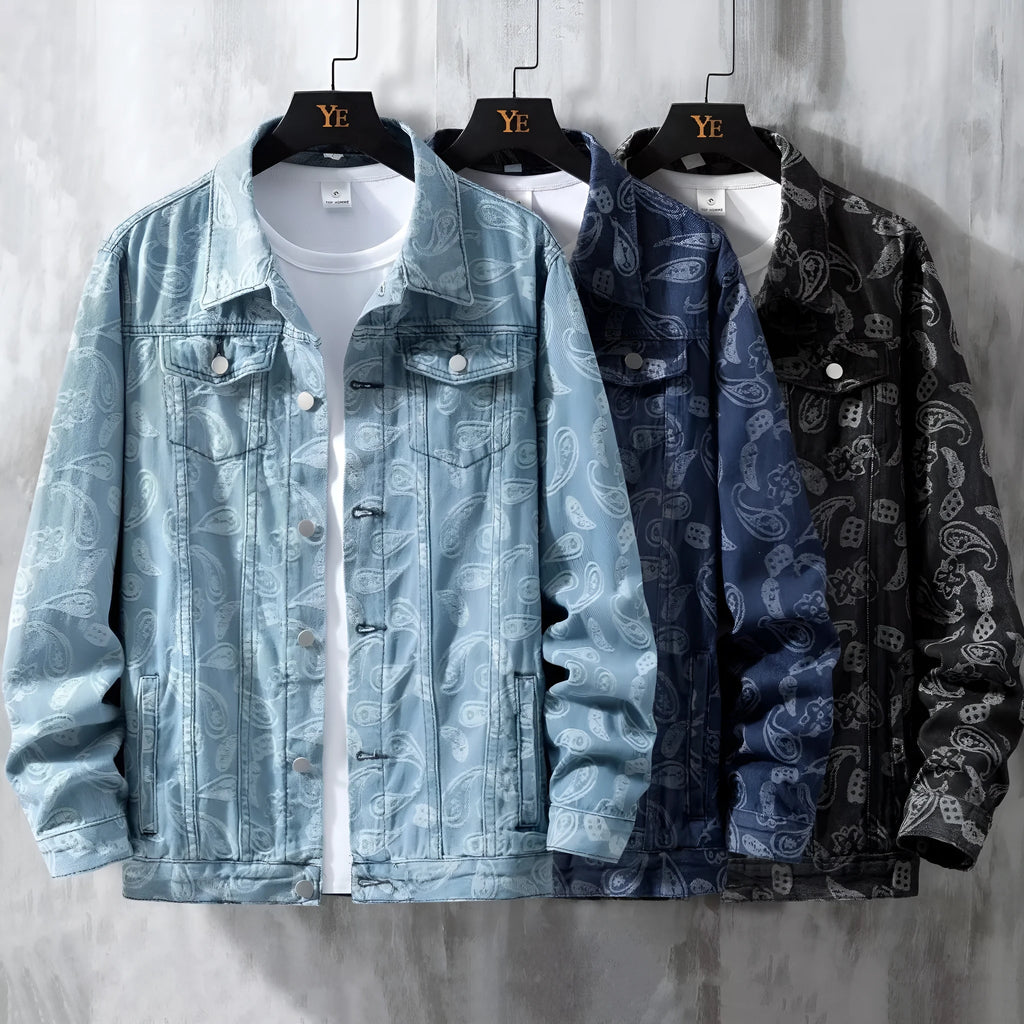 Men's slim fit cotton denim coat with drawstring waist and patch pockets