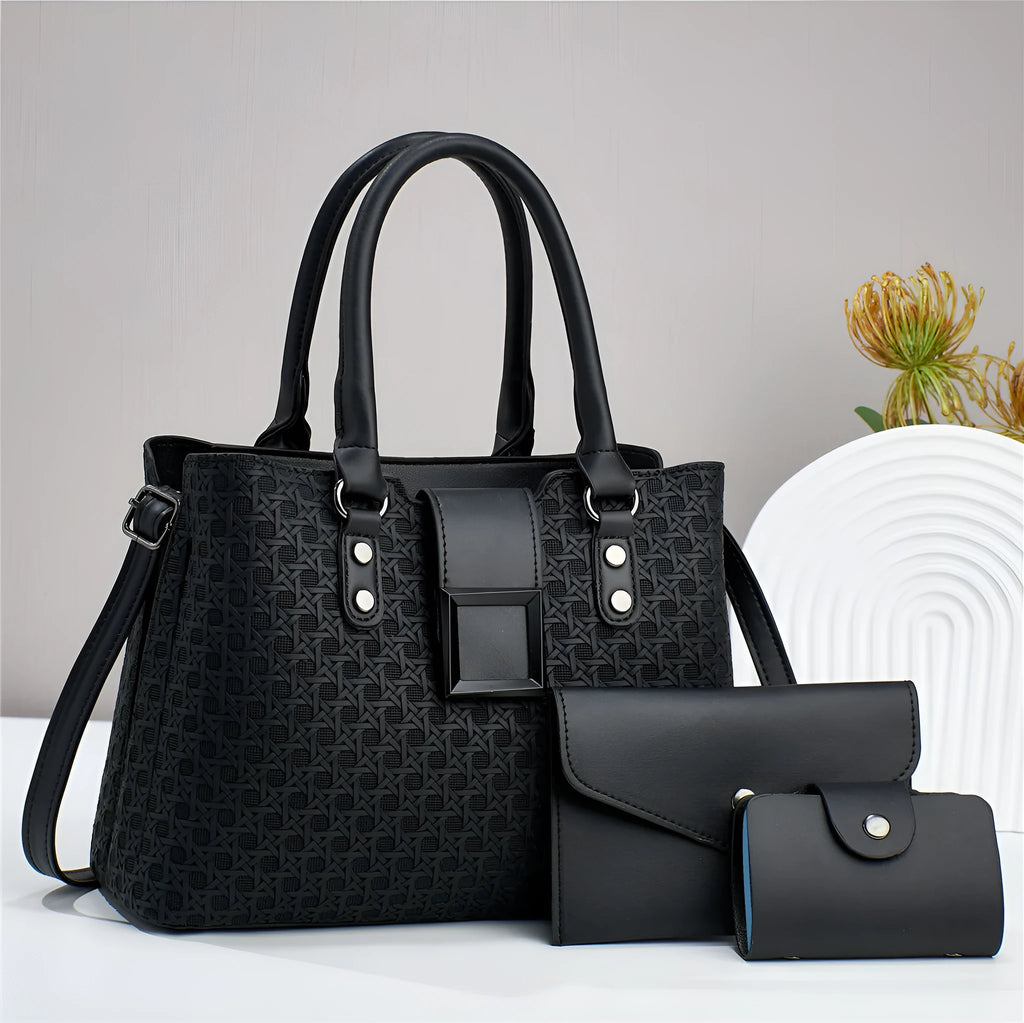 Three-piece women's crossbody bag set in textured PU leather with woven detailing in seven colour options