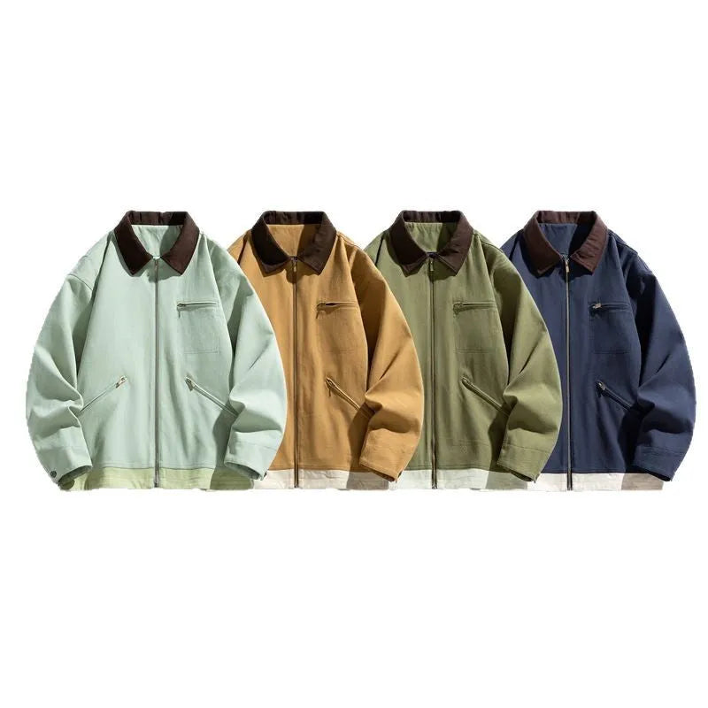 Korean style men's workwear jacket with contrast lapels in loose fit with side pockets