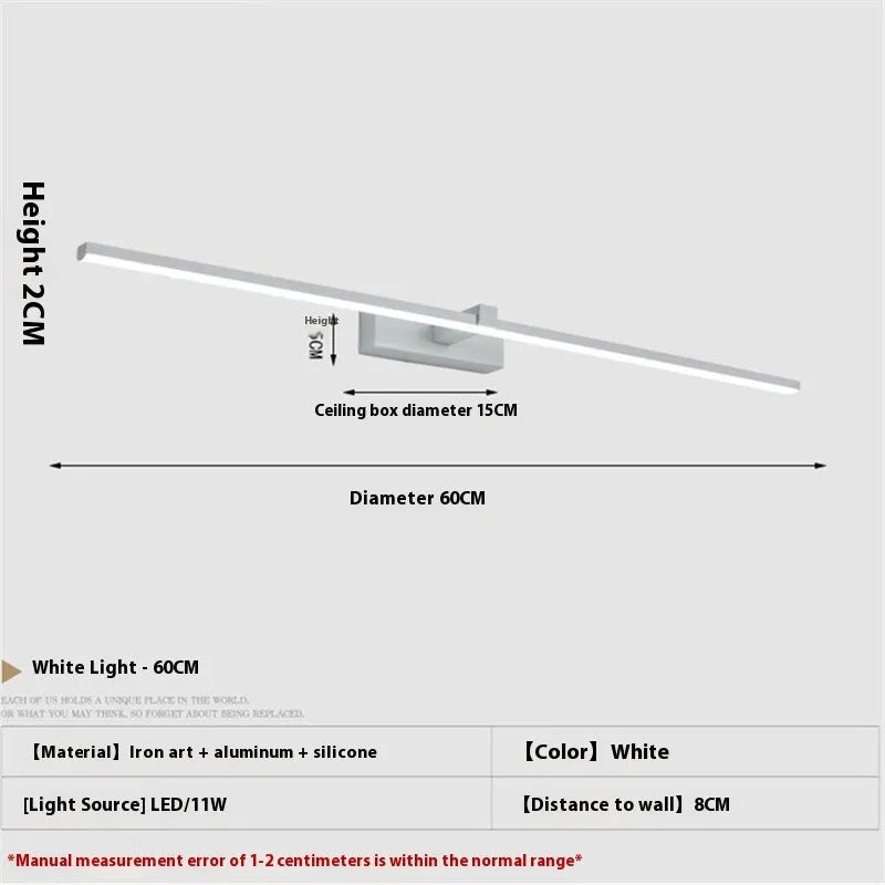 60x8cm black LED bathroom wall lamp with push button switch mounted above a vanity mirror