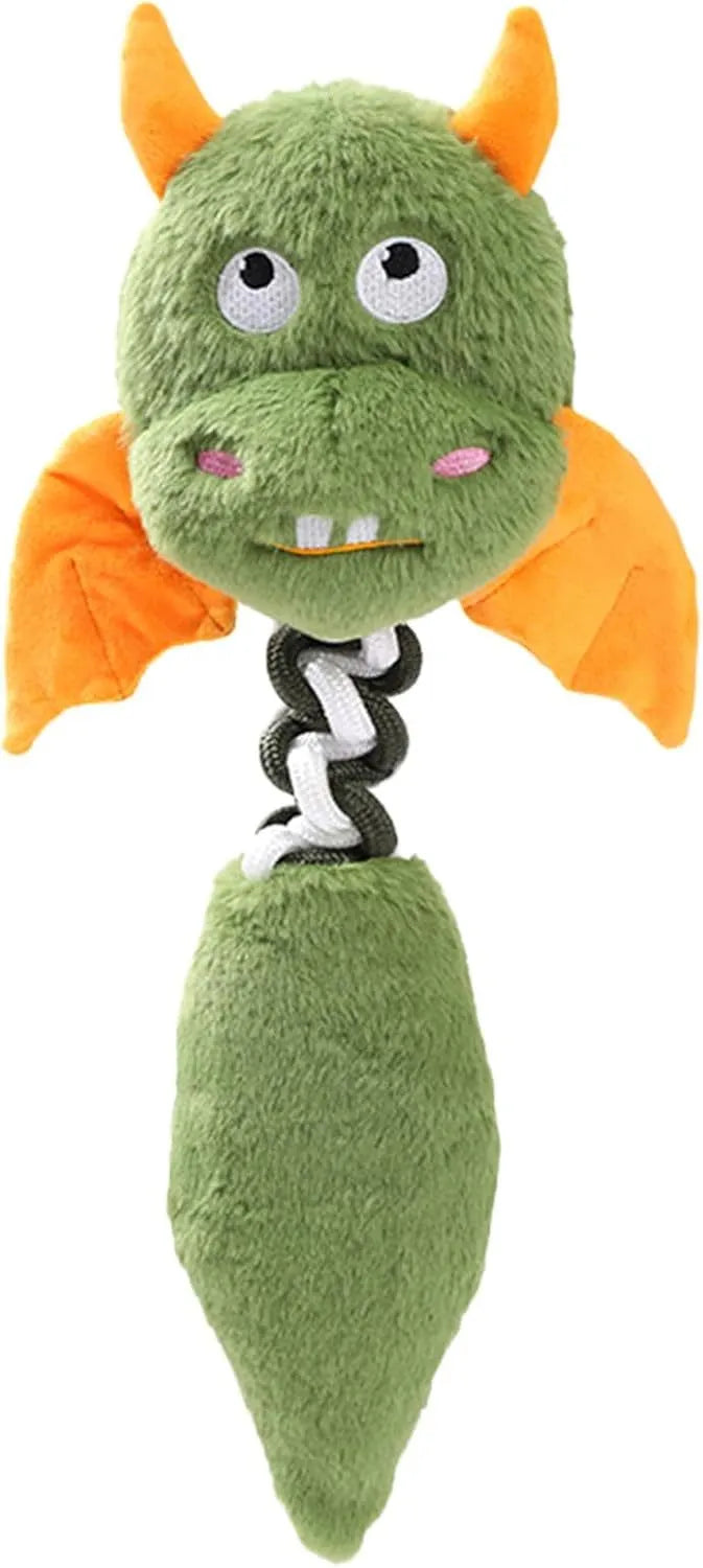 Large black plush dog toy with cartoon design, featuring a squeaker, rattle, and an elastic rope knot for chewing.