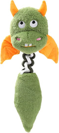 Large black plush dog toy with cartoon design, featuring a squeaker, rattle, and an elastic rope knot for chewing.