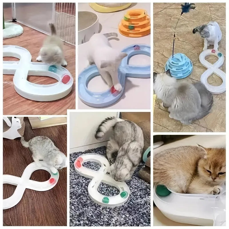Blue and white cat turntable track toy with ball and teasing stick
