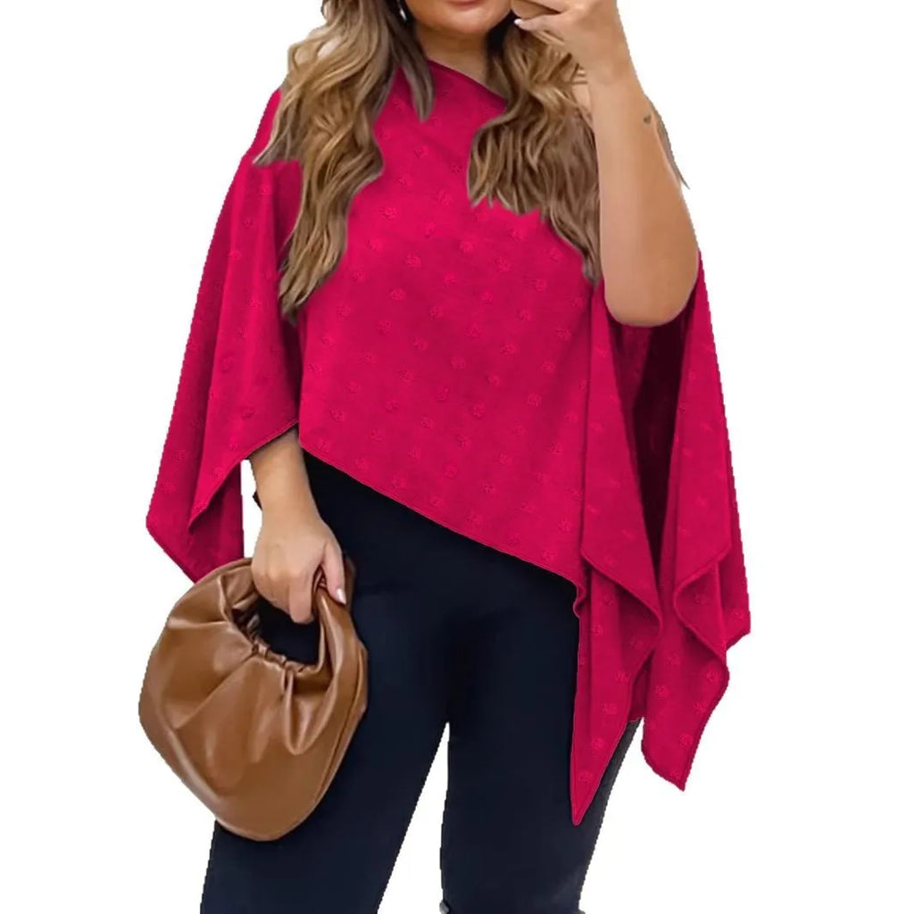 Rose red two-piece top set with sleeveless cape-style shawl, separate straps and 3D decoration.