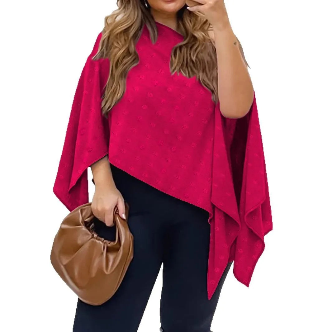 Rose red two-piece top set with sleeveless cape-style shawl, separate straps and 3D decoration.