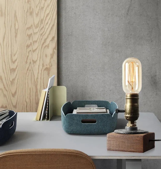 Wood and iron water pipe table lamp measuring 9 cm wide by 13 cm high