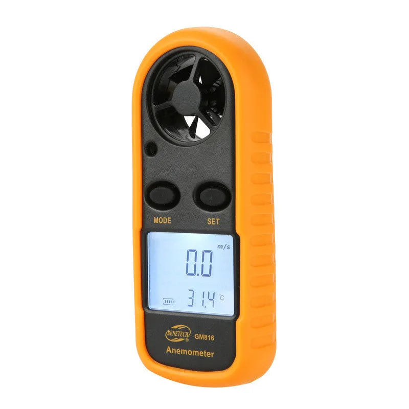 Orange digital handheld anemometer for measuring wind speed with digital display.