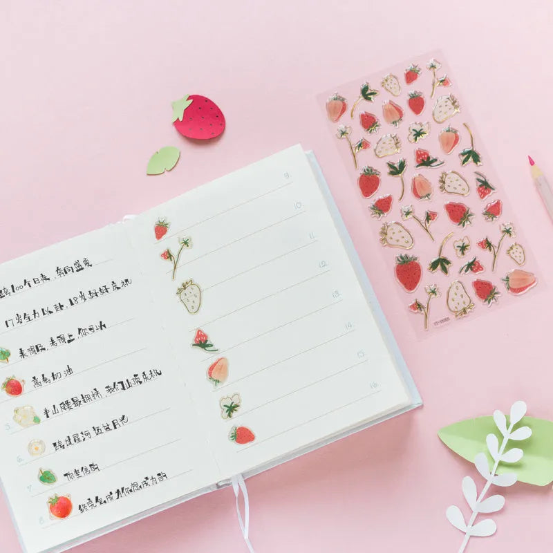 DIY fruit bronzing sticker set showing grape, orange, passion fruit, peach, pineapple, and strawberry designs