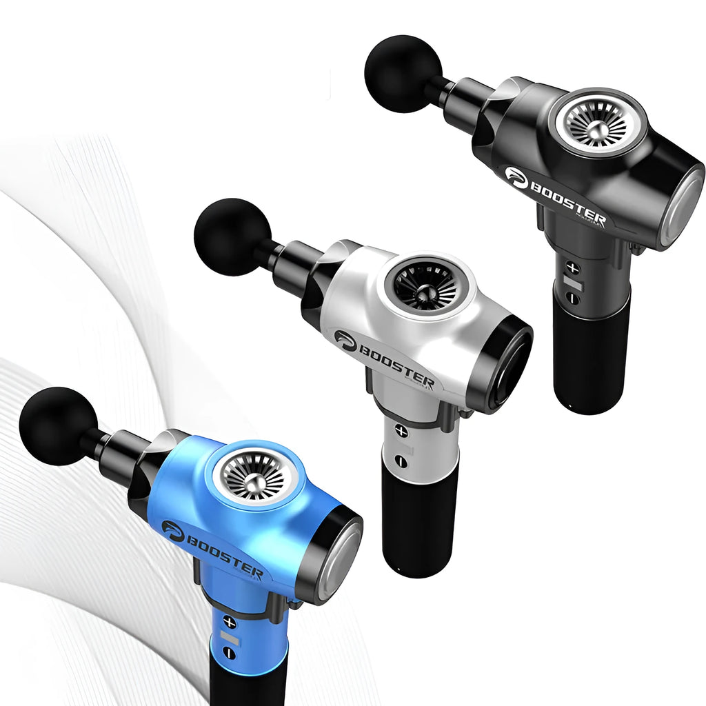 Black and white cordless massage gun with adjustable speed settings for muscle relaxation.