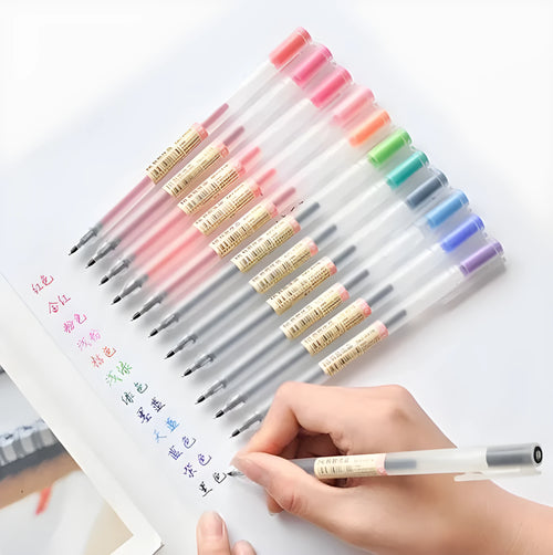 Pack of twelve black Muji gel pens with 0.5mm fine nibs, showing sleek barrel design