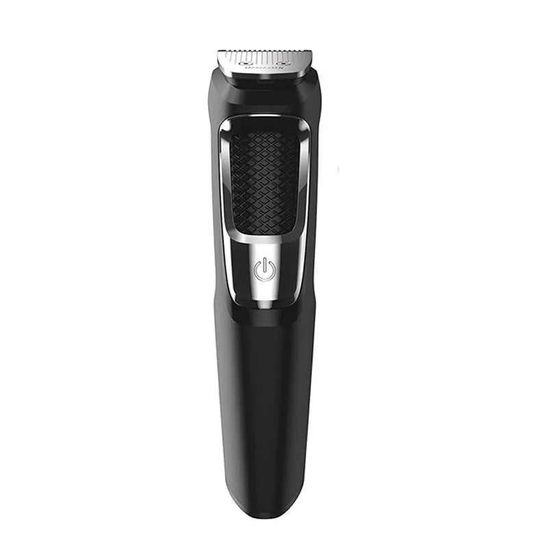 Multifunctional nose and beard hair trimmer with cleaning brush on a white background.
