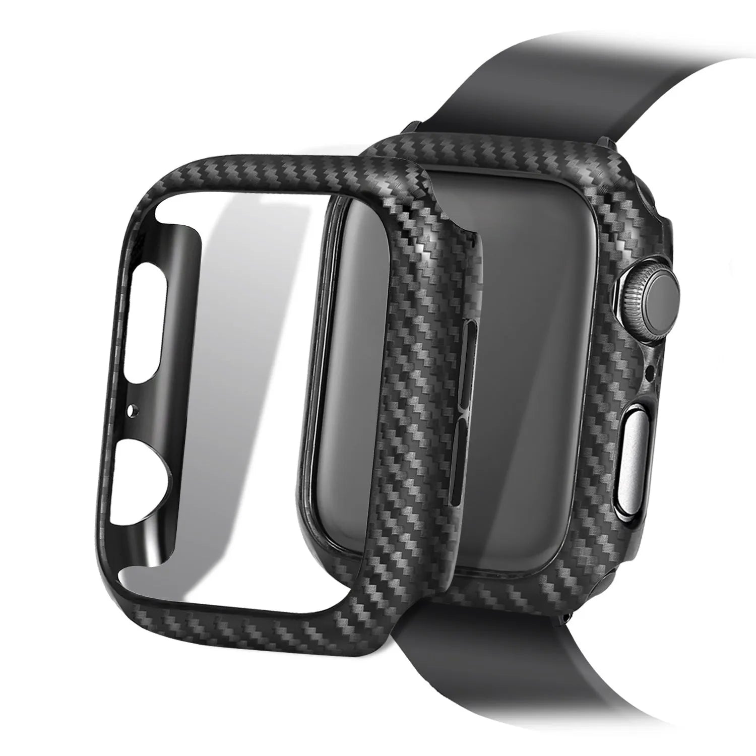 Leather and carbon fibre Apple Watch strap with red stitching next to a black PC case with carbon fibre pattern.