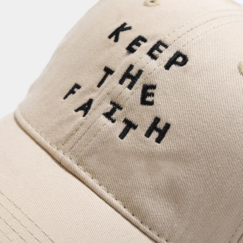 Men's beige cotton baseball cap with small black letter embroidery on front