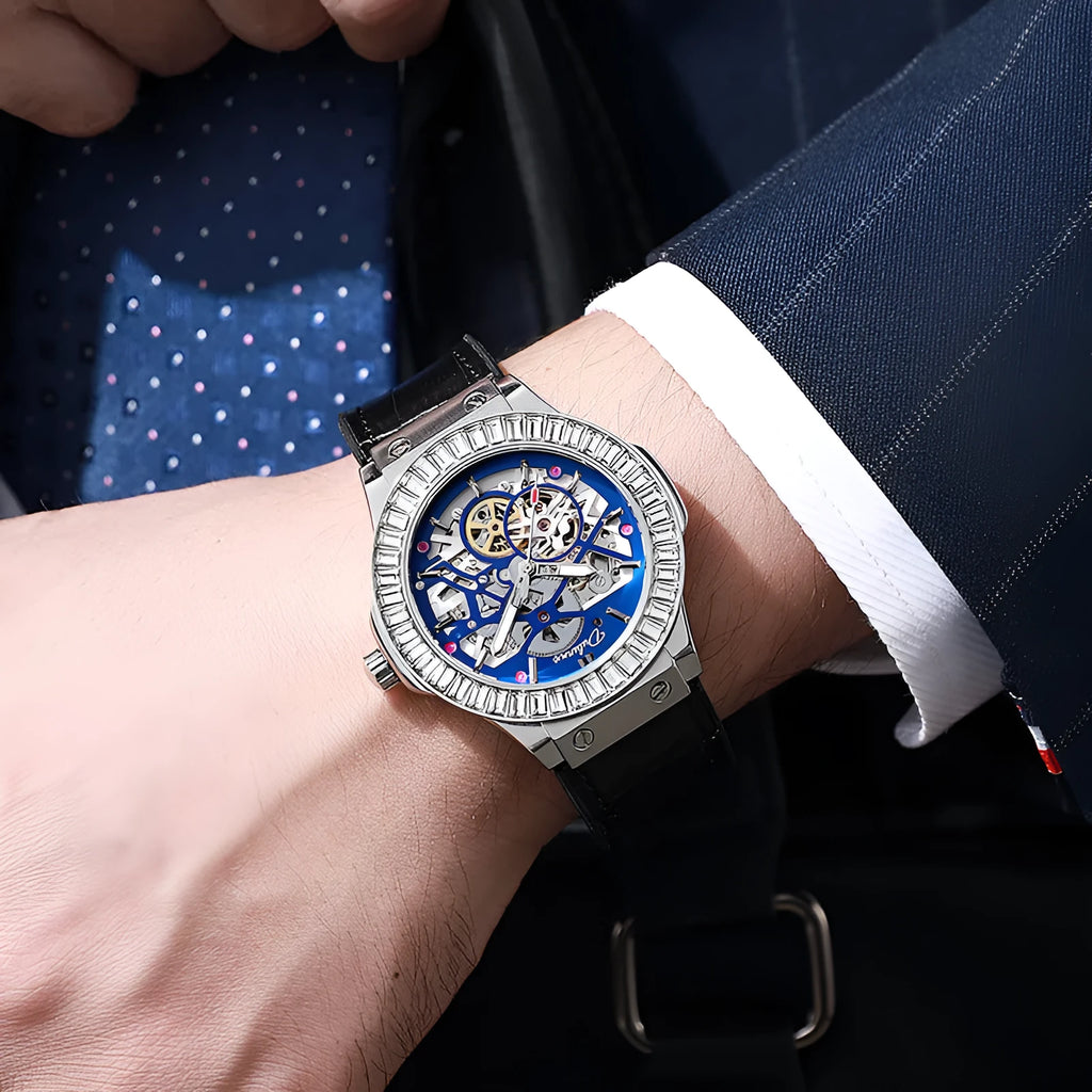 Men's automatic mechanical watch with hollow movement, diamond studs on white shell case, and a black dial.