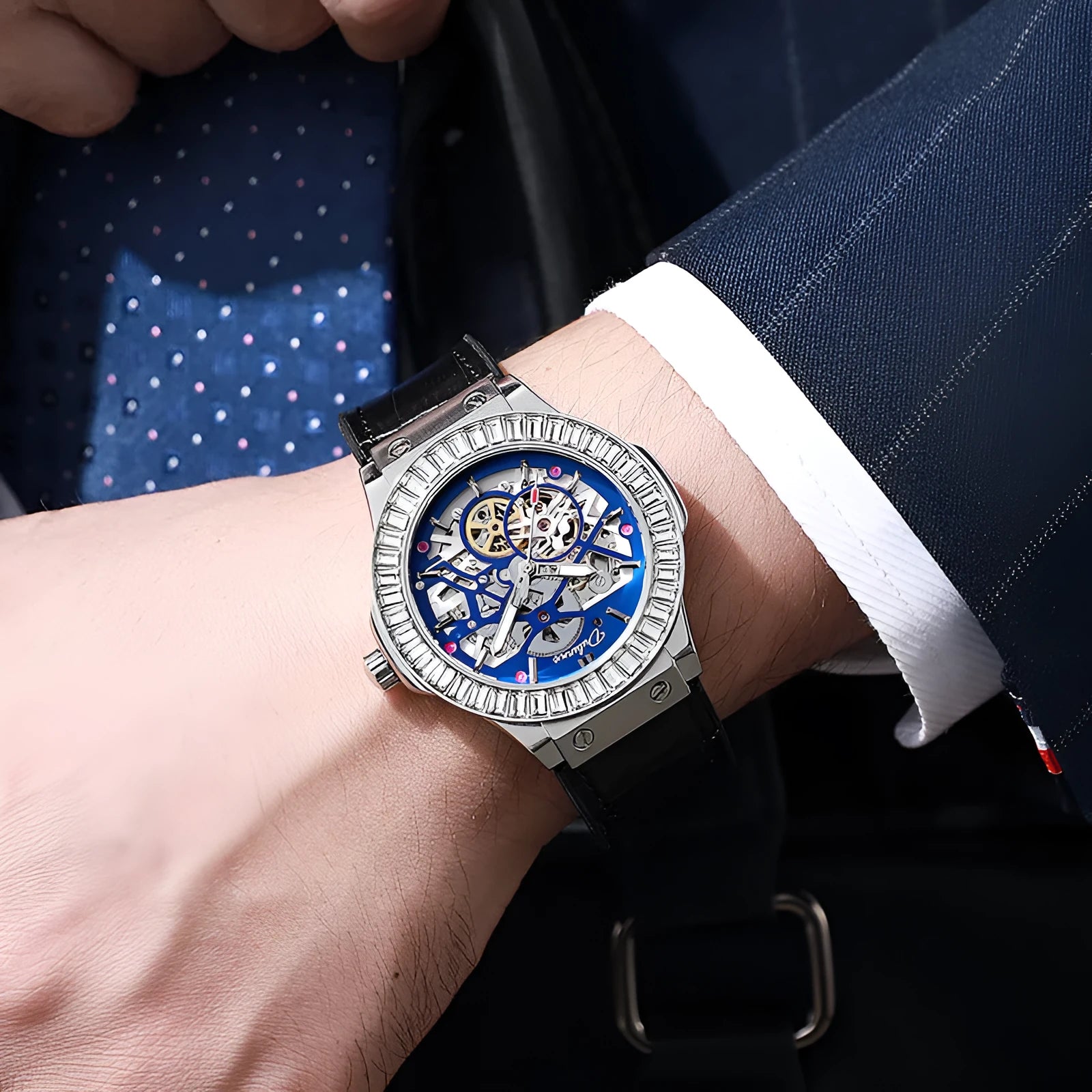 Men's automatic mechanical watch with hollow movement, diamond studs on white shell case, and a black dial.