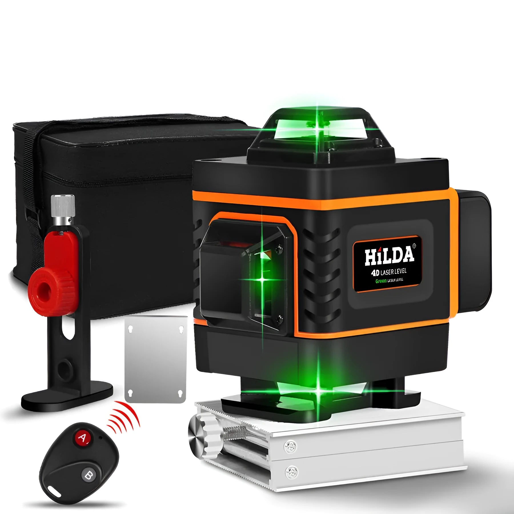 Rotating laser level tool projecting 16-line pattern for wall alignment with green/orange laser options
