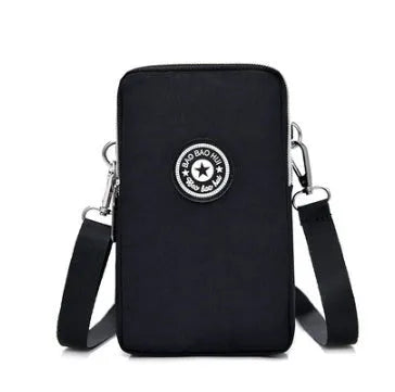 Vertical Oxford fabric mobile phone bag with zipper closure showing printed design options