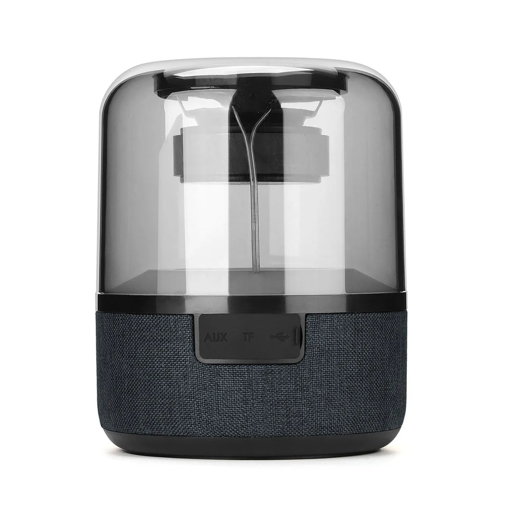 Black portable Bluetooth speaker with multi-colour LED light ring and control buttons on top.