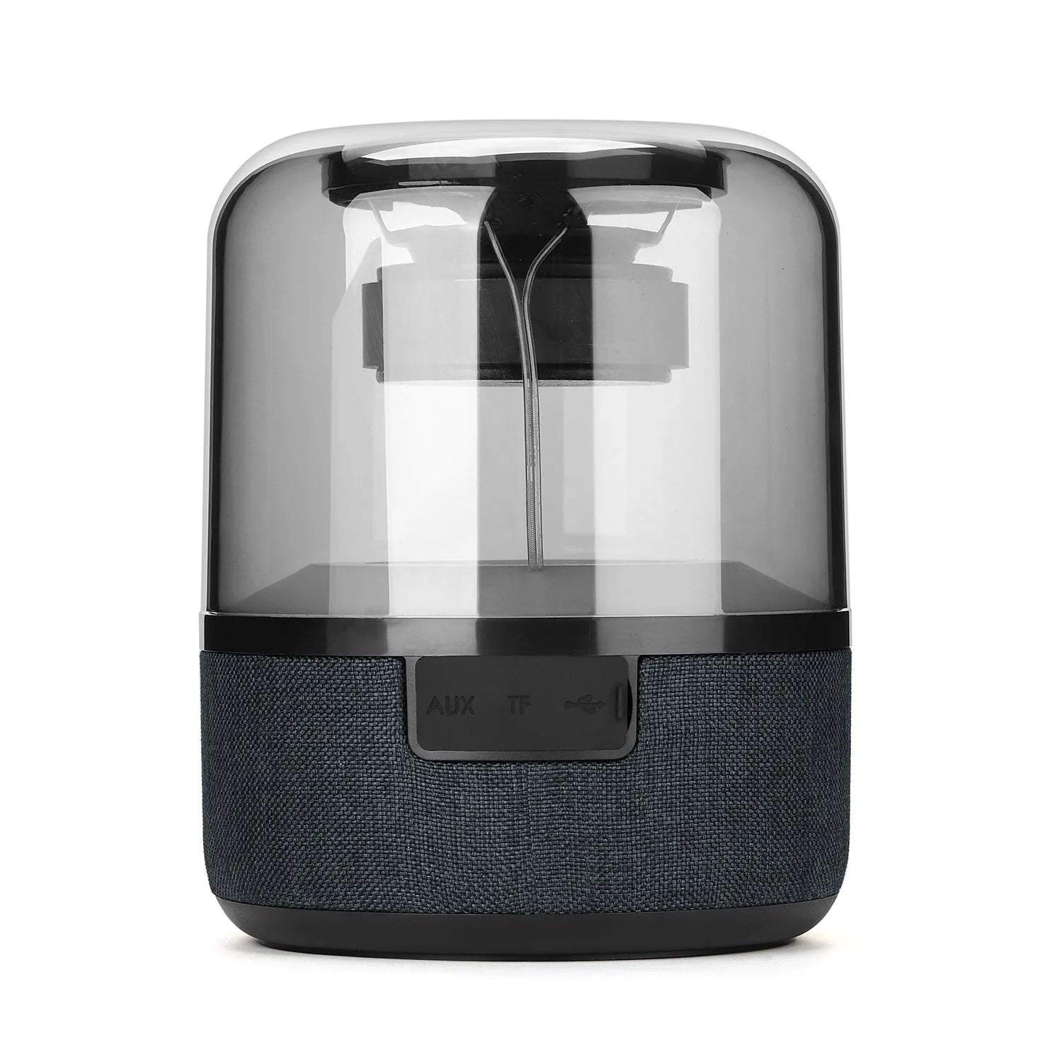 Black portable Bluetooth speaker with multi-colour LED light ring and control buttons on top.